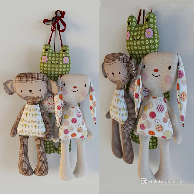 Adorable Stuffed Dolls With Monkey Rabbit Shapes Floral Polka Dot Dresses And Hanging Green Decor 3d model 