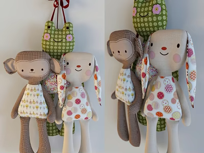 Adorable Stuffed Dolls With Monkey Rabbit Shapes Floral Polka Dot Dresses And Hanging Green Decor 3d model