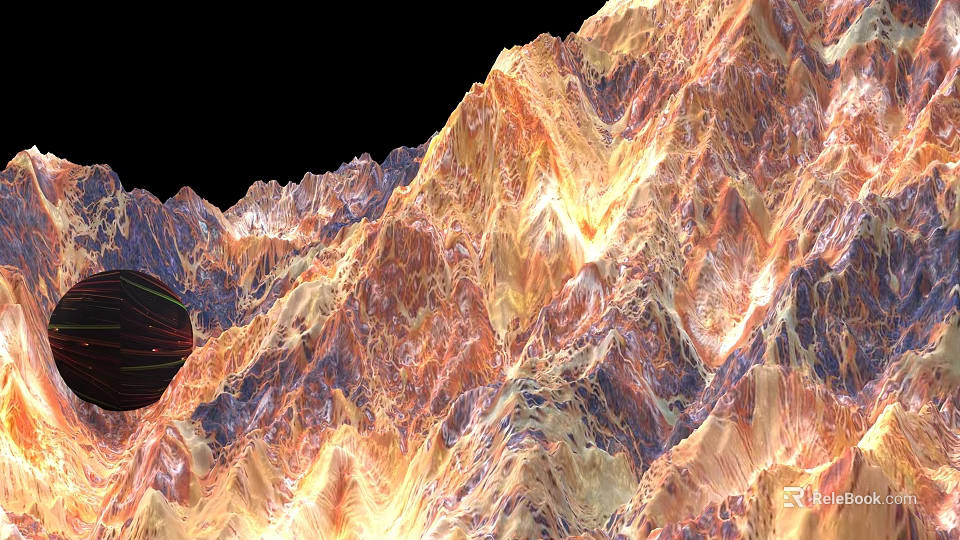 Textured Mountainous Form Art Installation With Vibrant Orange Purple Hues And Dynamic Light Shadow Effects 3d model 