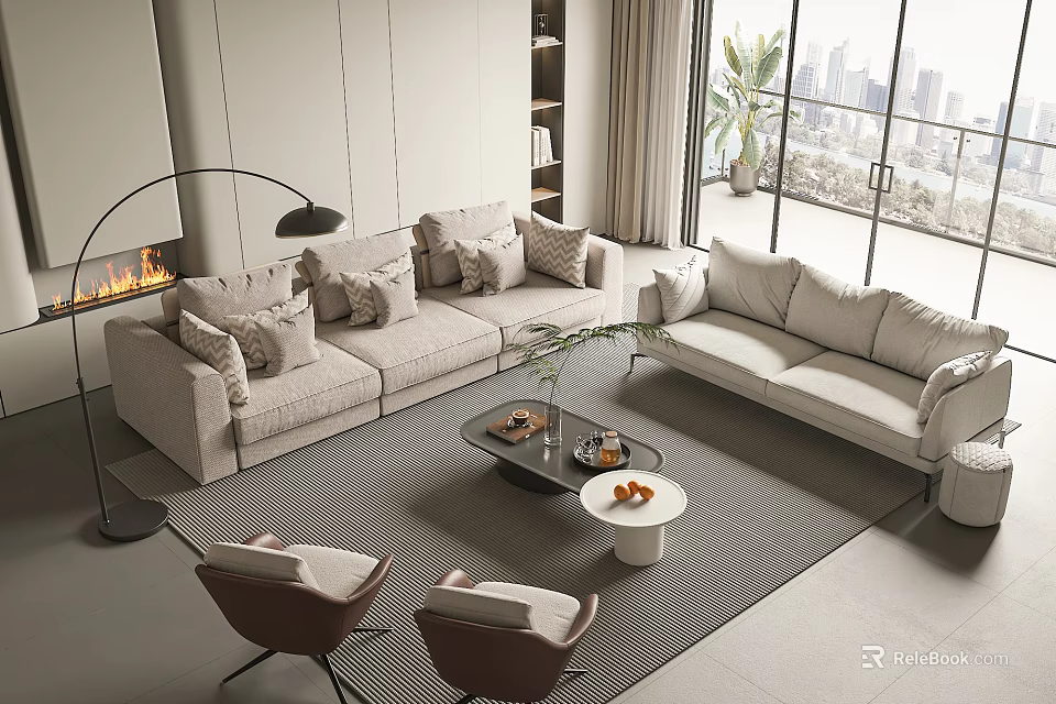 Modern Living Room Sofa Coffee Table Set With Plush Pillows And Area Rug 3d model 