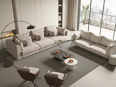 Modern Living Room Sofa Coffee Table Set With Plush Pillows And Area Rug 3d model