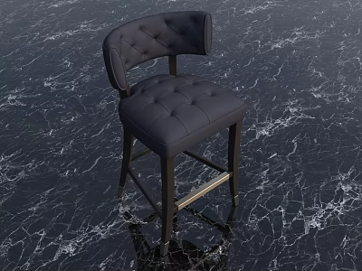 Elegant Black Tufted Leather Bar Stool with Curved Backrest and Dark Legs on Marble Floor 3d model