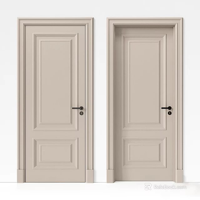 Two Simple Paneled Hinged Doors With Light Color And Black Handles 3d model