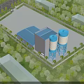 Industrial Factory Building With Blue Roof White Water Towers Green Trees And Water Area