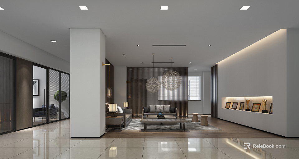 Modern Bright Leisure Area With Sofa Coffee Table Wooden Partition And Framed Paintings 3d model 