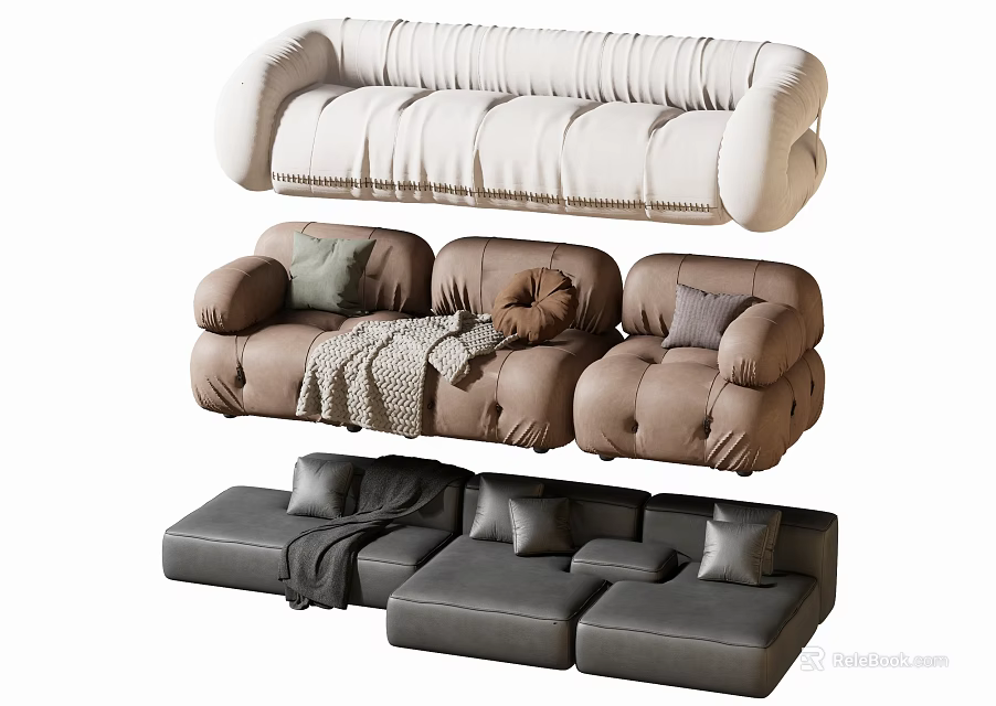 Cream Brown Gray Double Sofa With Ruched Design Pillows Blanket And Modular Style 3d model 