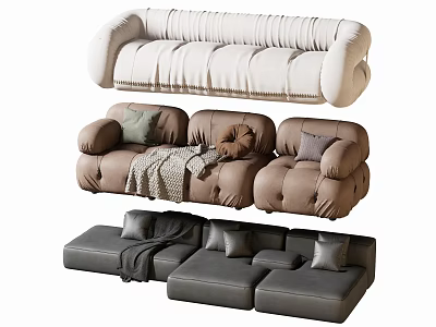 Cream Brown Gray Double Sofa With Ruched Design Pillows Blanket And Modular Style 3d model