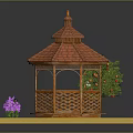 Wooden Garden Gazebo With Red Tile Roof On Green Grass And Tree With Purple Flowers