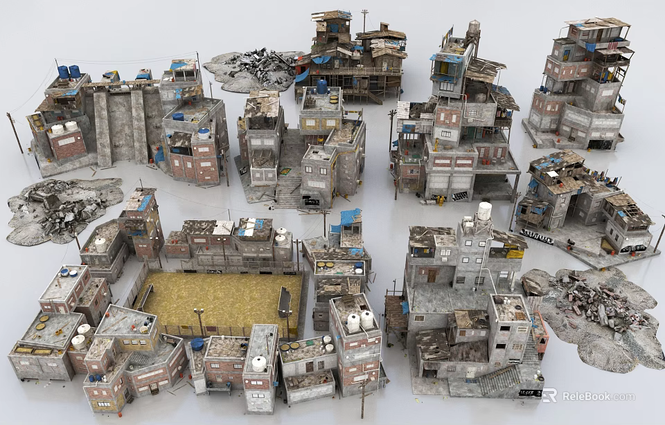 Detailed Small Scale Urban Slum Model with Ruined Buildings and Diverse Structures 3d model