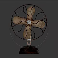 Vintage Air Cooler Fan With Metal Wire Frame And Wooden Blades On Rustic Base