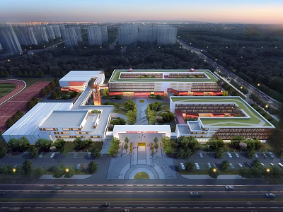 Modern School Campus Buildings Featuring Green Spaces Sports Field and Entrance Plaza Aerial View 3d model