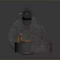 Vintage Submachine Gun With Wooden Grip Drum Magazine And Ammunition Bullets On Reflective Gray Background