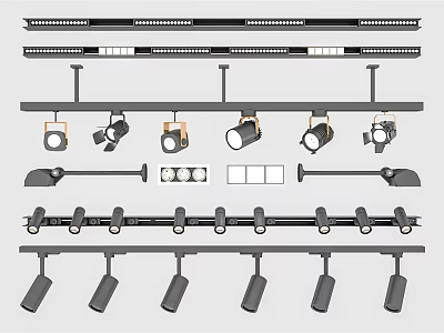 Various Designs Of Downlights And Spotlights With Track Mounted And Adjustable Angle Features 3d model