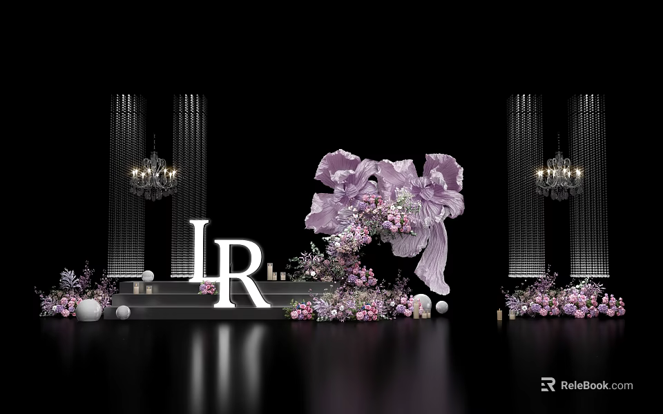 Elegant Wedding Stage Setup With Purple Pink Florals White Letter IR Chandeliers And Decorative Pillars 3d model 