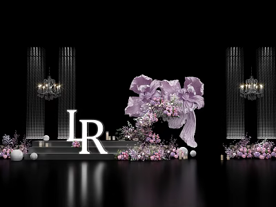 Elegant Wedding Stage Setup With Purple Pink Florals White Letter IR Chandeliers And Decorative Pillars 3d model