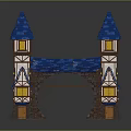 Two Tower Gateway Building With Blue Roofs White Brown Walls And Wooden Doors