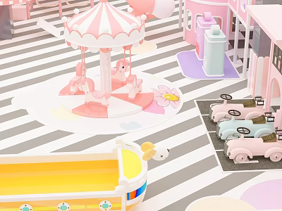Colorful Playground Design With Pink Carousel Pink Cars Yellow Boat And Striped Floor 3d model
