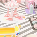 Colorful Playground Design With Pink Carousel Pink Cars Yellow Boat And Striped Floor