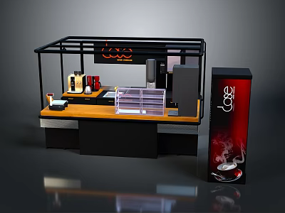 Stylish Cafe Counter With Black Frame Orange Top Coffee Machine Cups And Red Sign 3d model