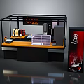 Stylish Cafe Counter With Black Frame Orange Top Coffee Machine Cups And Red Sign