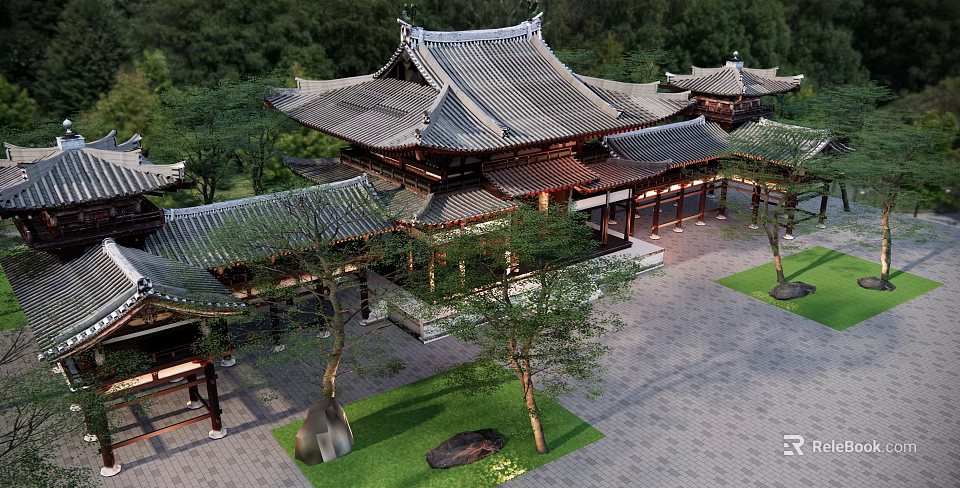 Traditional Chinese Ancient Architecture With Classic Tile Roofs Overhanging Eaves And Courtyard Surrounded By Trees 3d model 