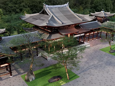 Traditional Chinese Ancient Architecture With Classic Tile Roofs Overhanging Eaves And Courtyard Surrounded By Trees 3d model