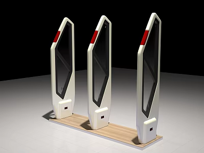 White Public Facility Turnstiles With Transparent Glass Panels Red Barriers And Wooden Base 3d model