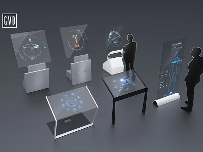Technology Exhibition Hall Featuring Interactive Holographic Displays Digital Tables And Transparent Screens 3d model