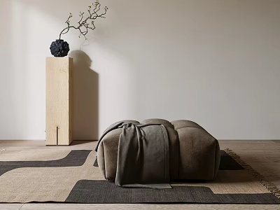 Minimalist Gray Ottoman With Draped Blanket On Geometric Rug Near Wooden Pillar And Black Vase 3d model