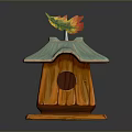 Wooden Birdhouse With Teal Wavy Roof And Colorful Leaf Decoration