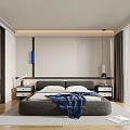 Modern Bedroom Interior With Upholstered Bed Nightstands Wall Art And Pendant Lighting