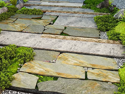 Lush Plant Combinations Surrounding Irregular Stone Slabs with Green Shrubs and Pebbles 3d model
