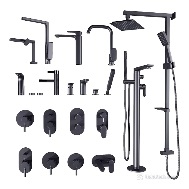 Modern Black Shower Faucet Set With Handheld Showerhead And Control Components 3d model