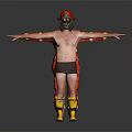 Firefighter In Red Uniform With Yellow Stripes Helmet And Gas Mask Standing With Arms Outstretched