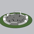 Park Landscape With Circular Square White Curved Structures Green Grass And People Walking