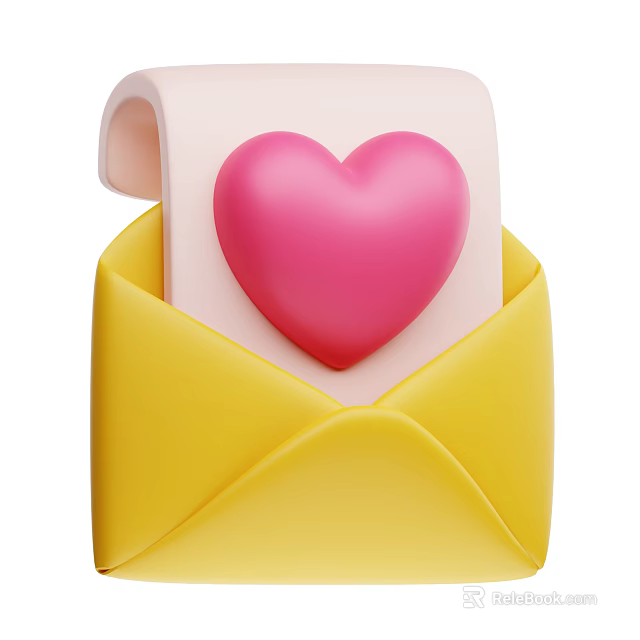 Yellow Envelope with Rolled Paper and Pink Heart Decoration for Daily Living Supplies 3d model 