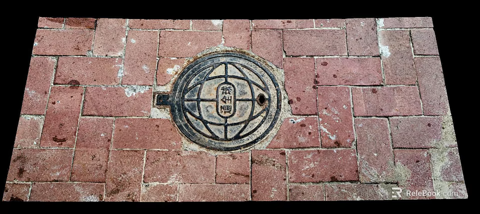 Traditional Manhole Cover On Red Brick Pavement With Intricate Circular Design 3d model 