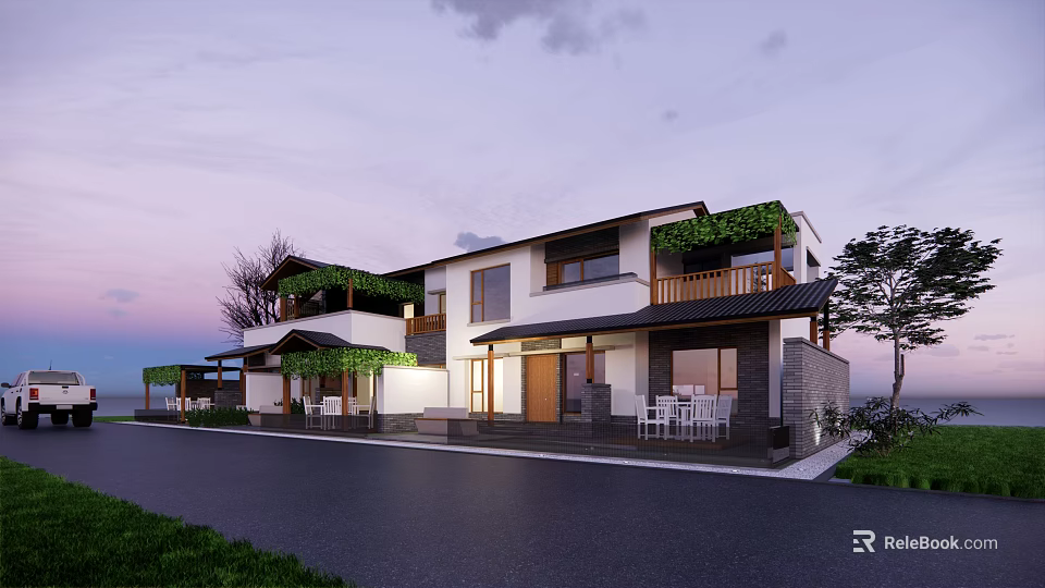 Modern Bed and Breakfast Building With Greenery Covered Balconies Outdoor Seating and Twilight Sky View 3d model 