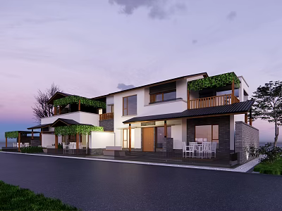 Modern Bed and Breakfast Building With Greenery Covered Balconies Outdoor Seating and Twilight Sky View 3d model