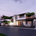 Modern Bed and Breakfast Building With Greenery Covered Balconies Outdoor Seating and Twilight Sky View