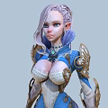 Game Movie Character With Pink Braided Hair Blue Eyes Wearing Ornate Blue Gold Armor Outfit