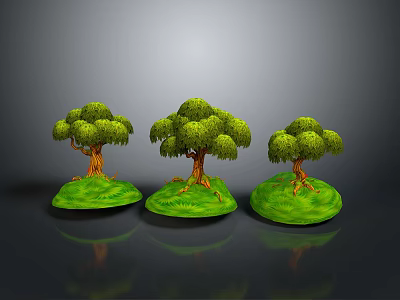 Three Green Decorative Trees With Lush Canopies And Exposed Roots On Grass Base 3d model