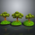 Three Green Decorative Trees With Lush Canopies And Exposed Roots On Grass Base