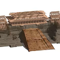 Ancient Architecture Under Construction with Multi Layered Platforms Traditional Roof Scaffolding and Wooden Ramp