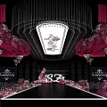 Wedding Banquet Stage With Pink Drapery White Tables Chairs And Flower Decorations