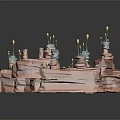 Cartoon Scene With Orange Rocky Terrain White Towers Yellow Tops Blue Characters And Golden Particles
