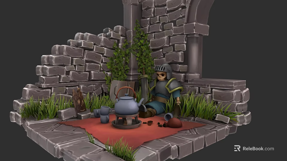 Medieval Knight Sitting By Stone Walls With Teapot Green Plants Red Rug And Scattered Items 3d model 