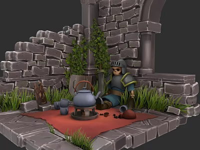 Medieval Knight Sitting By Stone Walls With Teapot Green Plants Red Rug And Scattered Items 3d model
