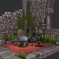 Medieval Knight Sitting By Stone Walls With Teapot Green Plants Red Rug And Scattered Items