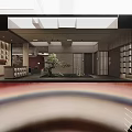 Chinese Style Interior Design With Wooden Grilles Circular Window Bookshelves And Tables Chairs